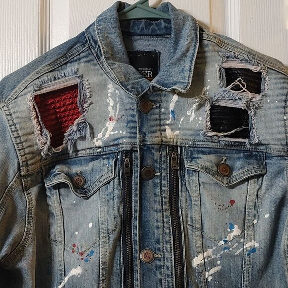 Cooper Rivet distressed denim paint splash jean multi media jacket Sz S - Picture 5 of 11